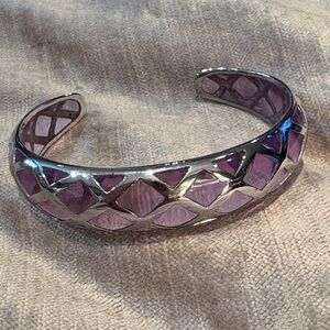 Vintage 925 Sterling Silver and Purple  Criss Cross Lucite Cuff Bracelet 6-7”